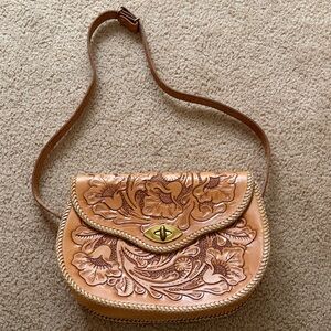 Floral Embossed Tan Leather Crossbody Bag